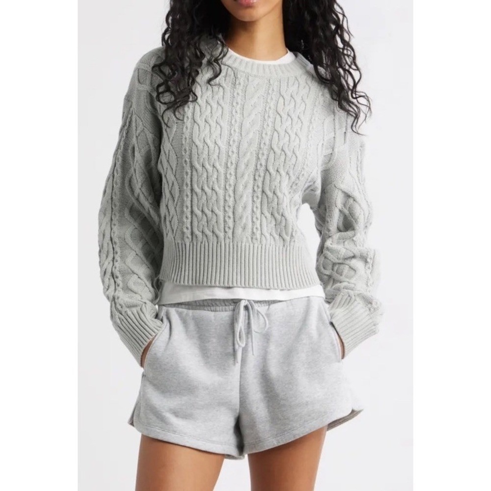 NWT Nordstrom BP Cable Knit Gray Pullover  Crewneck Cropped Sweater Sz Sm Preppy